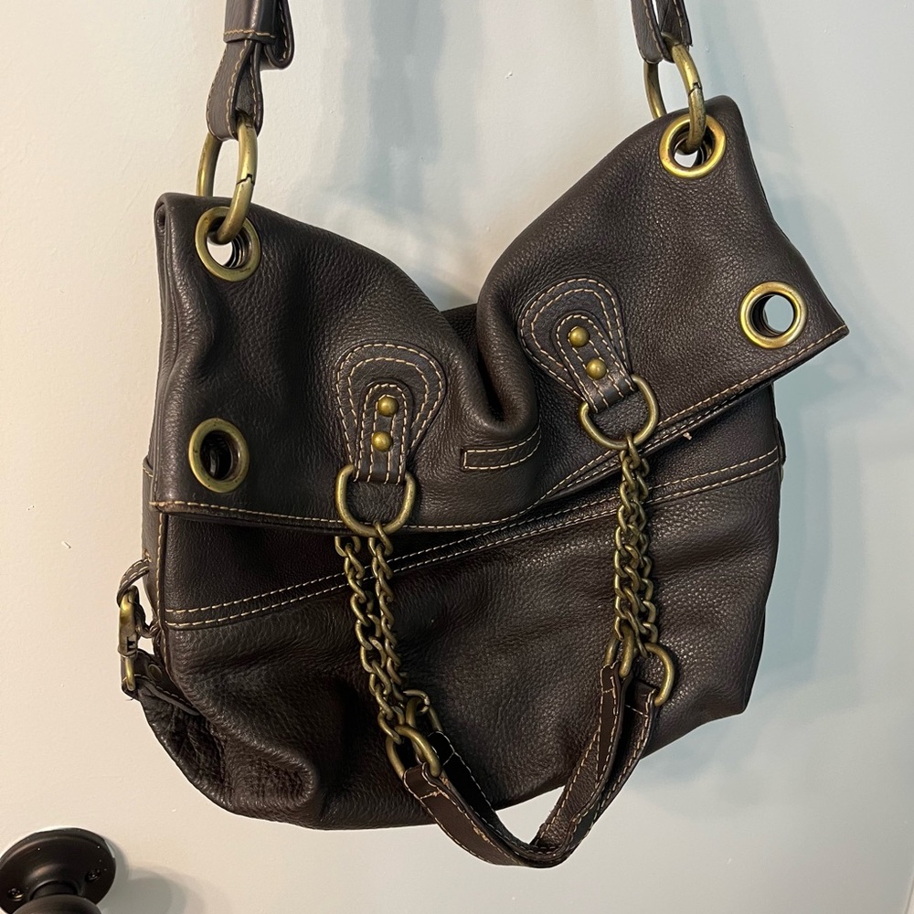 BCBGMAXAZRIA hobo brown leather bag purse satchel 2 ways to wear w/metal accents - Picture 3 of 12